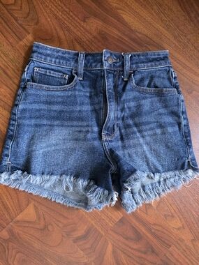 Women's Dark Blue Denim High-Rise Frayed Hem Shorts